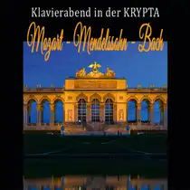Event poster for a piano recital in the crypt. Above an evening photo of an illuminated historic building, the names Mozart, Mendelssohn, and Bach are written in large letters on a black background.