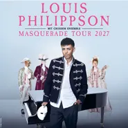 Promotional graphic for the Louis Philippson Masquerade Tour 2027: A person stands in front of a grand piano, holding a white mask. In the background, three masked people stand in historical costumes. The text at the top reads: &ldquo;Louis Philippson with a large ensemble, Masquerade Tour 2027&rdquo;