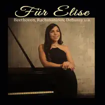 Cover featuring the title "F&uuml;r Elise" and the subtitle "Beethoven, Rachmaninoff, Debussy, and others." A person in dark clothing is leaning against a grand piano against a neutral background. The piano and the person are the focal point of the composition.