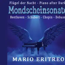 A graphic featuring the words &ldquo;Moonlight Sonata&rdquo; above a black grand piano with its wings spread wide. The instrument floats in blue mist beneath a beam of light against a dark blue background.