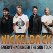 Werbegrafik zur &sbquo;Everything Under the Sun Tour&lsquo; von Nickelback: Vier Bandmitglieder stehen rechts vor blau-grauem Hintergrund. Links der Tourtitel, ein Hinweis auf Special Guest Don Broco sowie ein Albumcover mit dem Text &sbquo;Out Oct 30&lsquo;.