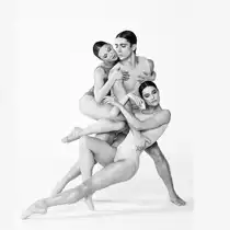 Three dancers in light-colored, form-fitting costumes strike an intertwined dance pose against a white background. The composition features tightly intertwined arms and legs and emphasizes balance, movement, and body control.