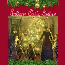 A Christmas banner with a red background, fir branches, and Christmas tree ornaments. In the center, a painting depicts several people gathered around a lit Christmas tree. Above it is the text &ldquo;Beethoven, Chopin, Liszt, and others.&rdquo;