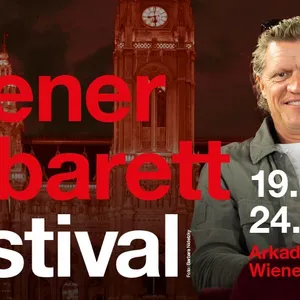 Promotional graphic for the Vienna Cabaret Festival: Against the backdrop of Vienna City Hall, a person is sitting in a red armchair. The image includes the event dates&mdash;July 19&ndash;24, 2027&mdash;and the venue, the Arkadenhof at Vienna City Hall.
