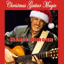 Werbegrafik f&uuml;r das Musikprogramm &sbquo;Christmas Guitar Magic&lsquo;: Person mit Weihnachtsm&uuml;tze spielt eine akustische Gitarre. &Uuml;ber dem Bild steht &sbquo;Christmas Guitar Magic&lsquo;, im Bild der Schriftzug &sbquo;Mario Berger&lsquo; auf rotem Hintergrund.